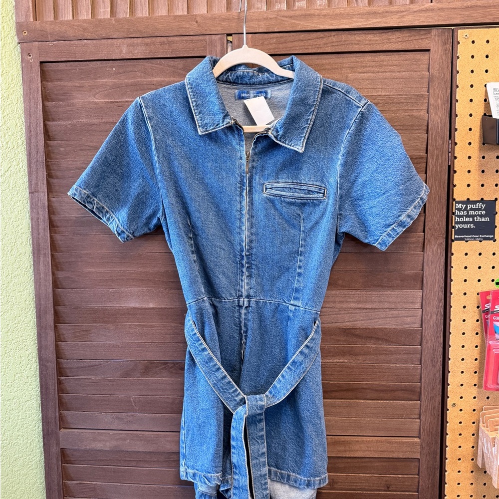 Urban outfitters Denim Short Sleeve Romper with Waist Tie - Blue